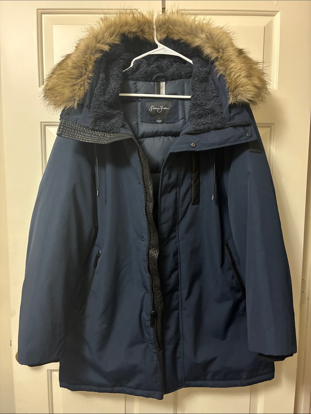 Sean John Navy Hooded Puffer Coat with Faux-Fur Trim